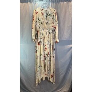 Unique Vintage Maxi Dress Womens Medium Beige Floral Cinched Waist Minimalist
